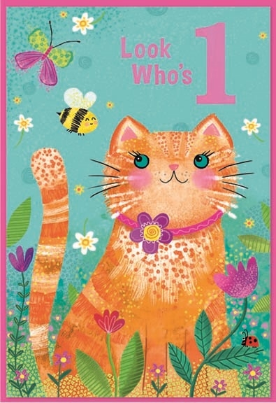 AGE 1 CARDS,Female 6`s Cat, Bee & Butterfly