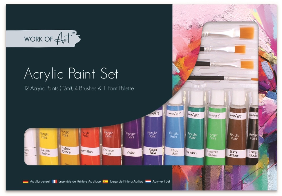 ACRYLIC PAINT SET,12 x12ml Tubes Asst,+ 4 Brushes,Bxd.