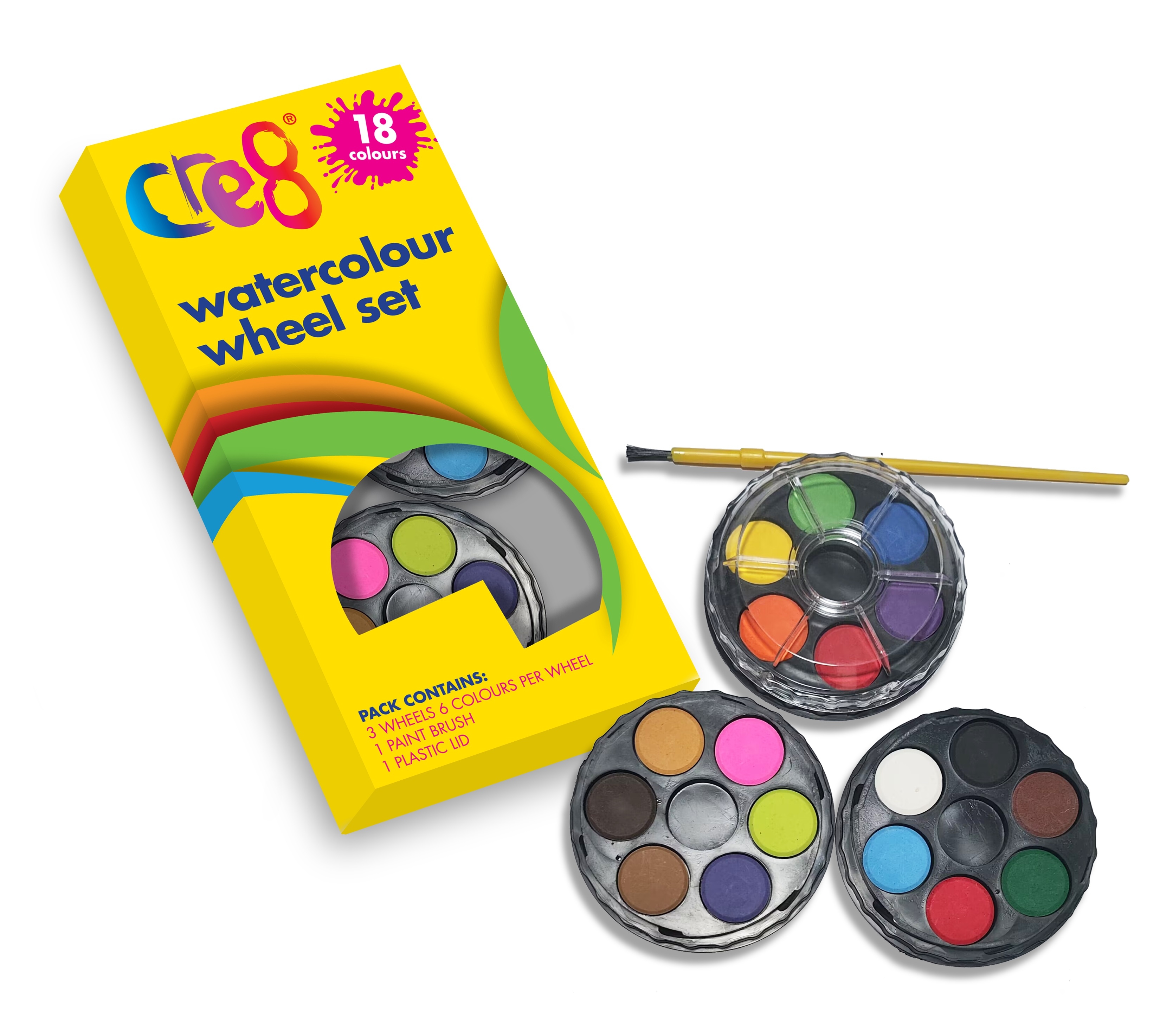 WATERCOLOUR PAINTS,18`s Wheel Set inc paint brush(Was £1.49) [Packs Only]