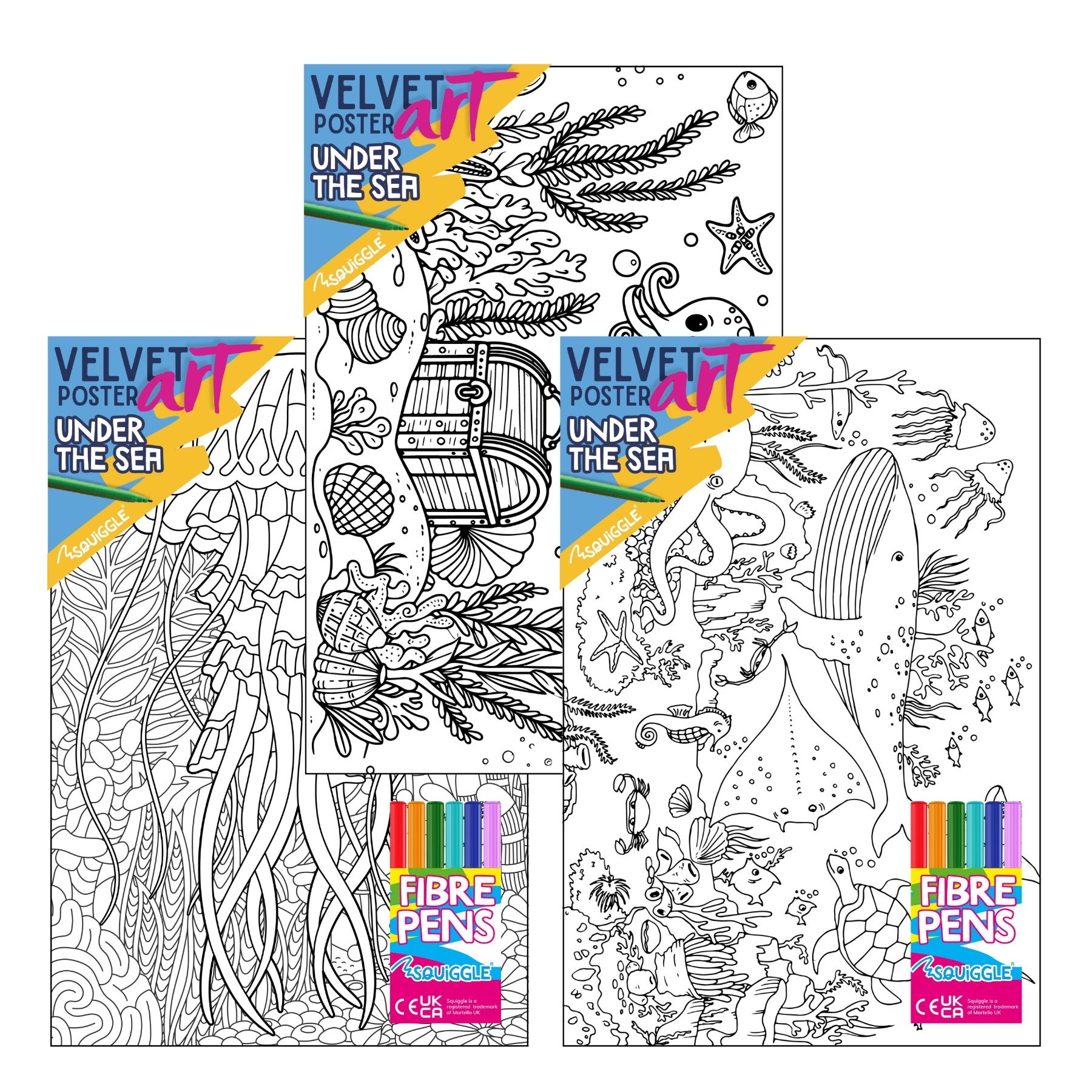 VELVET POSTER ART,Under The Sea 3 Assorted & 6 Fibre Pens [Packs Only]