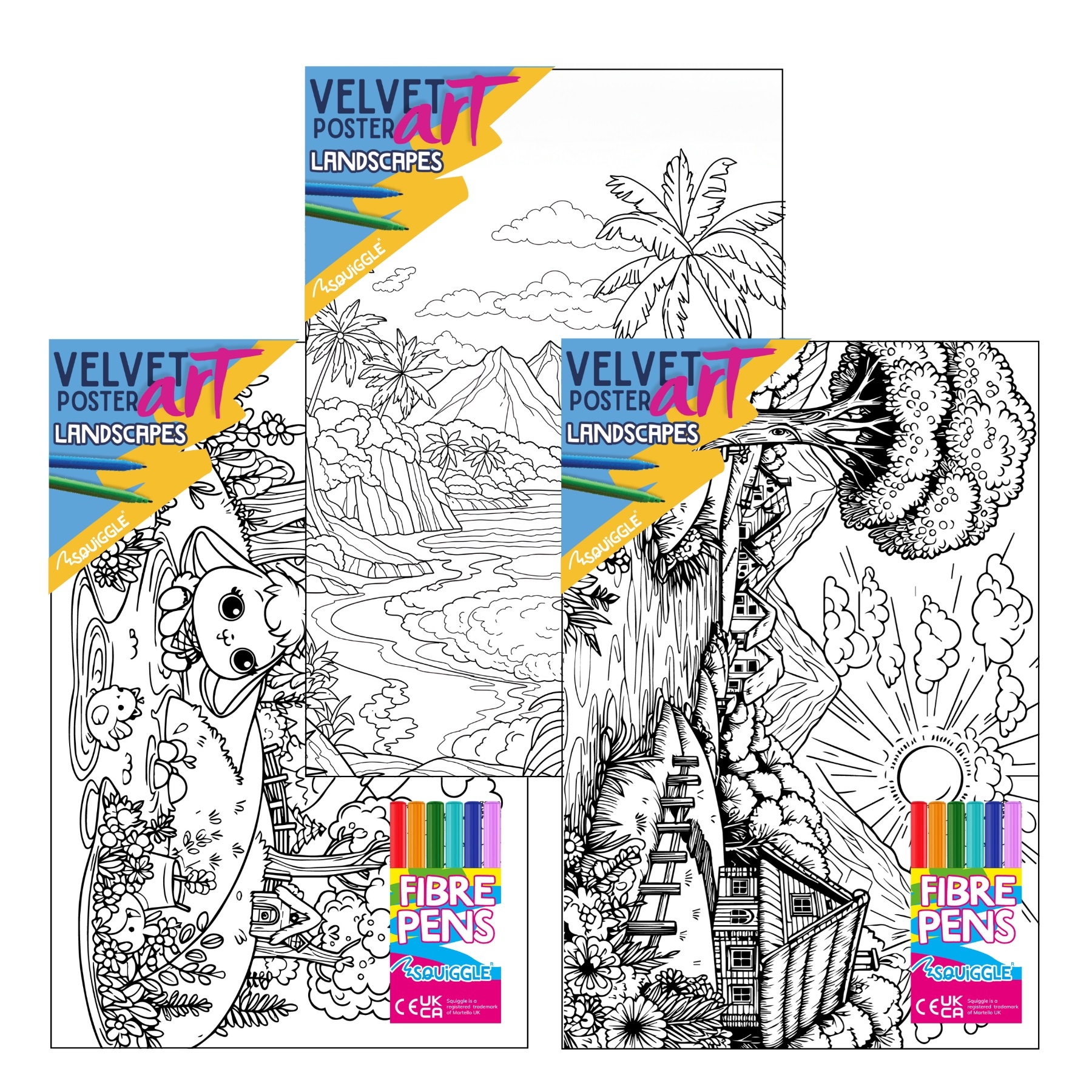 VELVET POSTER ART,Landscapes 3 Assorted & 6 Fibre Pens [Packs Only]