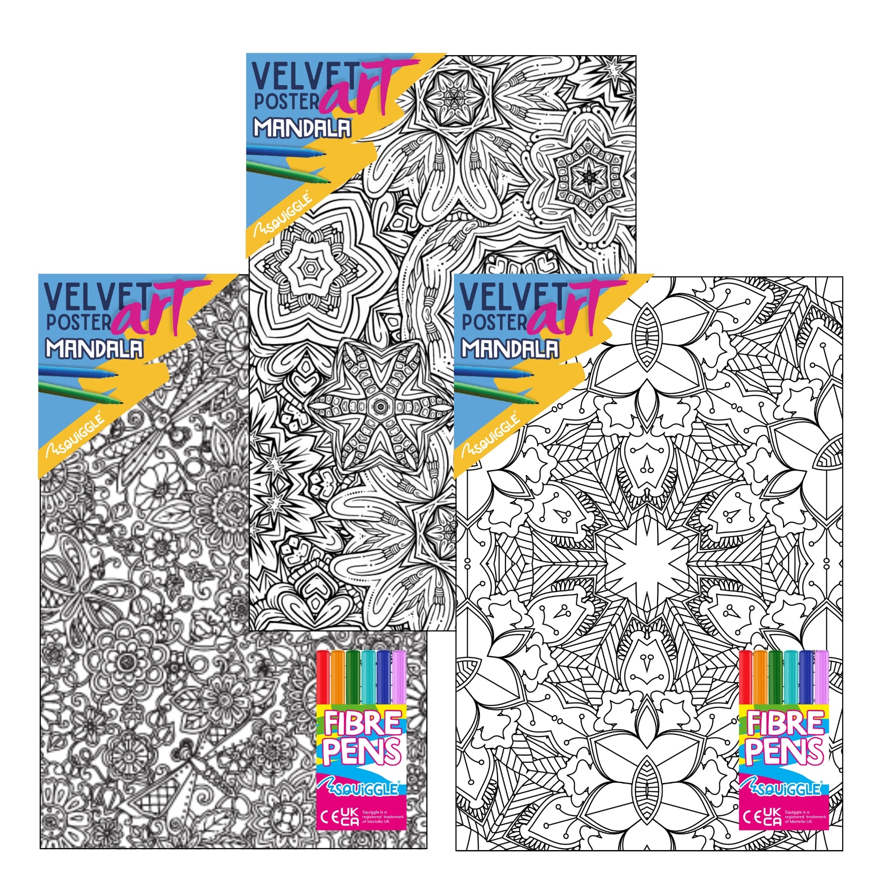 VELVET POSTER ART,Mandala 3 Assorted & 6 Fibre Pens [Packs Only]