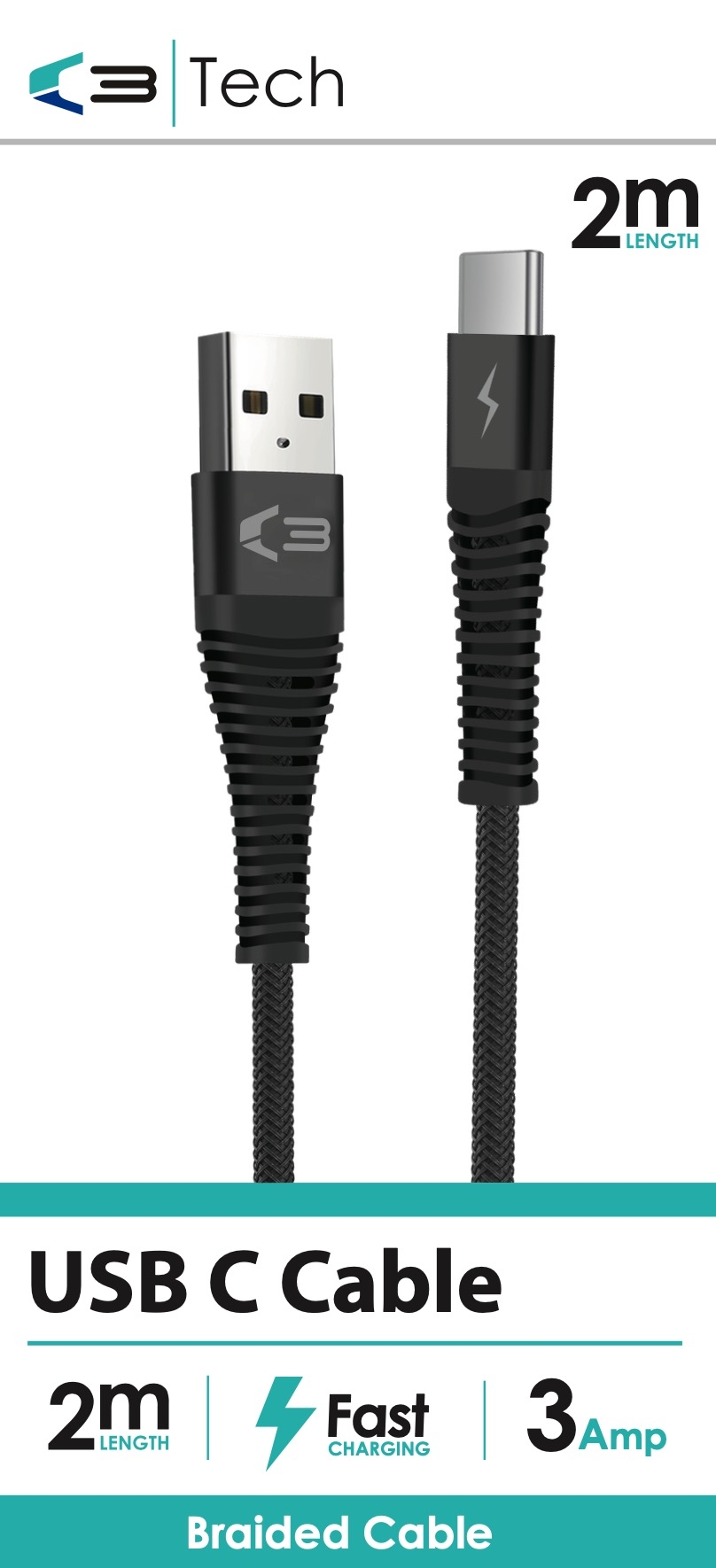 CHARGING & DATA CABLE, USB to USB C Braided 3 Amp. 2m Bxd