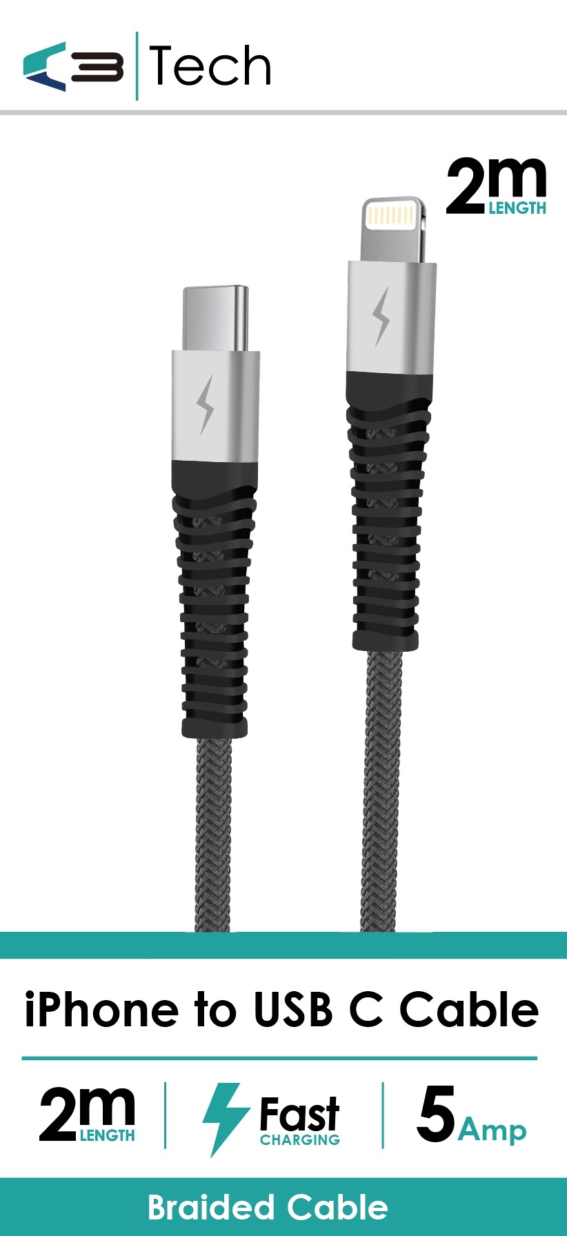IPHONE CHARGER CABLE, USB C to Lightning Braided 2m Bxd