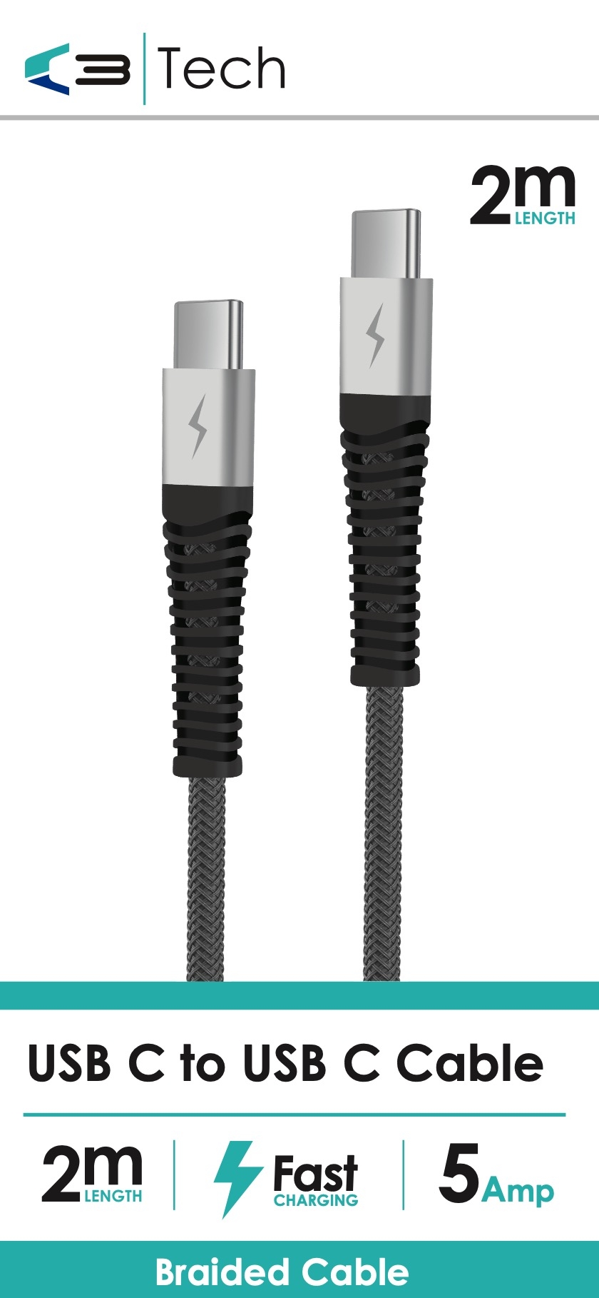 CHARGING & DATA CABLE, USB C to USB C Braided 2m Bxd