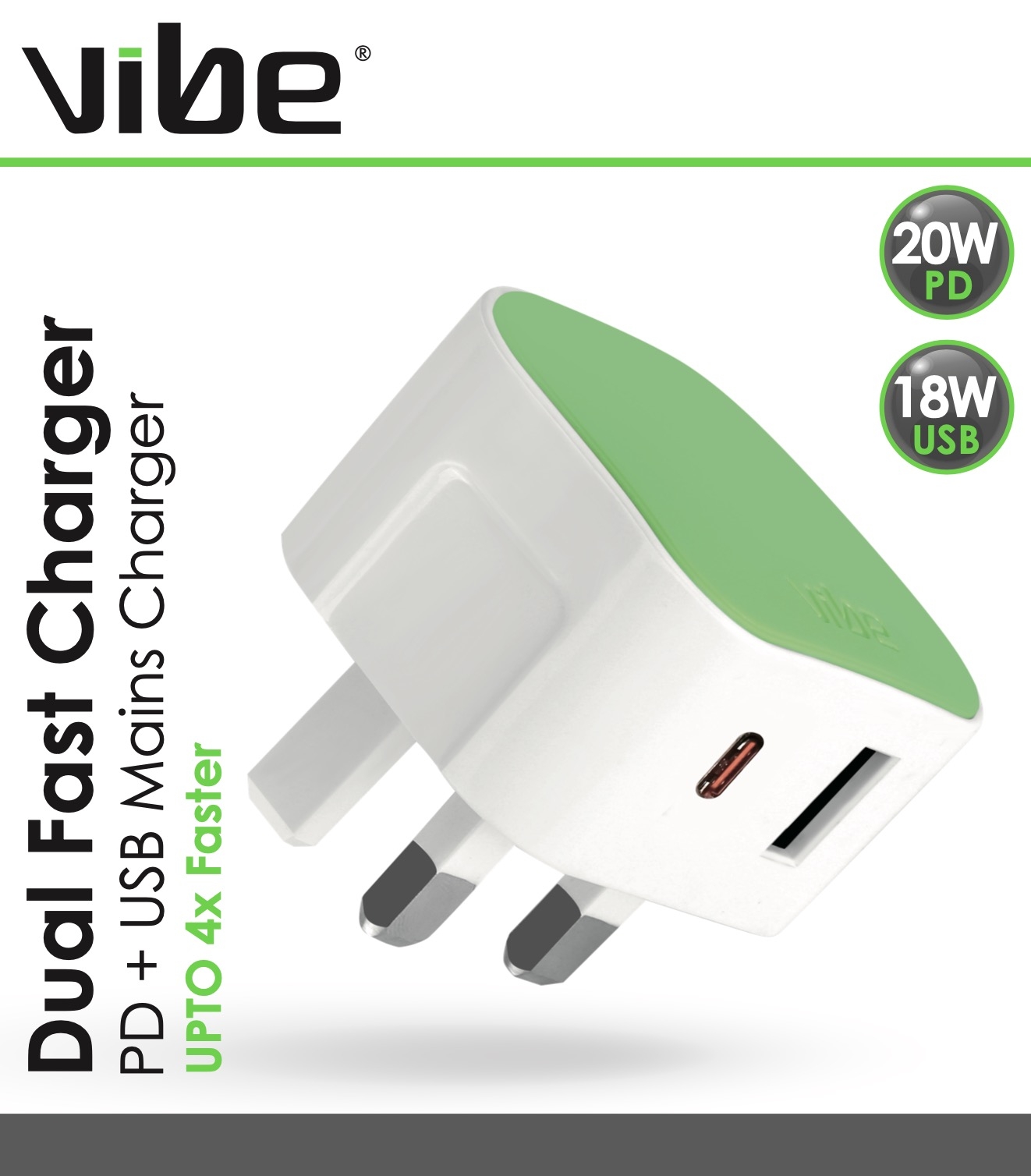 DUAL FAST MAINS CHARGER, 20w PD & 18w USB Outlets, Vibe