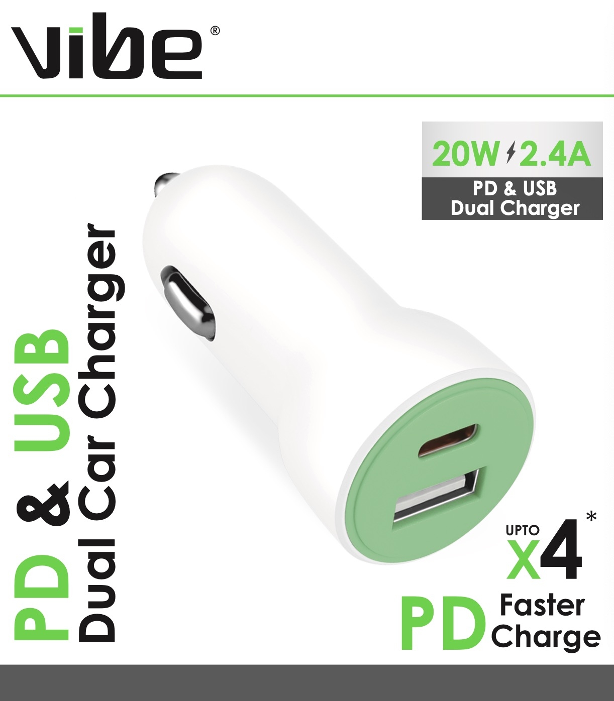 CAR CHARGER Dual USB & USB-C Outlets 20w 2.4 Amp.Vibe H/pk.