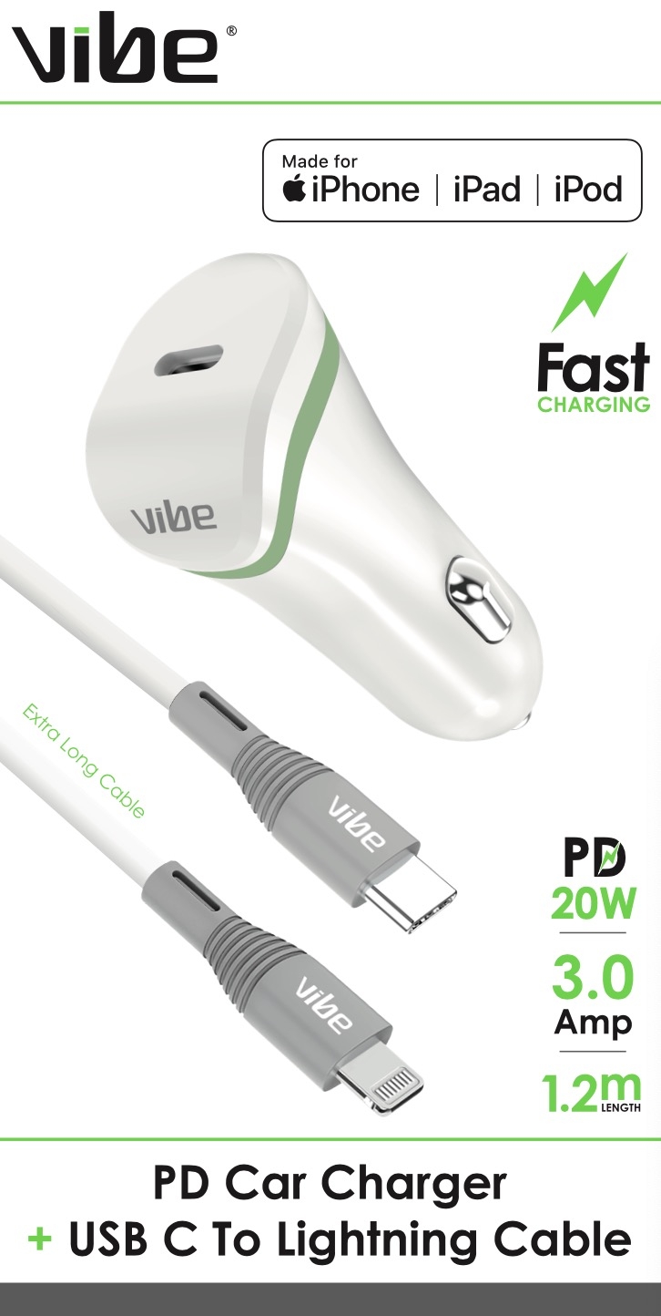 PD CAR CHARGER, Plus USB C To Lightning Cable, 3.0Amp H/pk.
