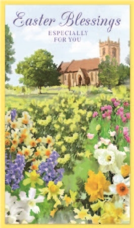 EASTER CARDS,Religious 6`s Church & Daffodils