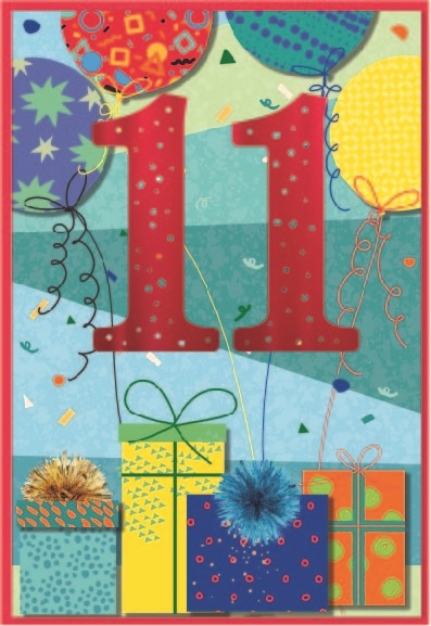 AGE 11 CARDS,Male 6`s Balloons & Presents
