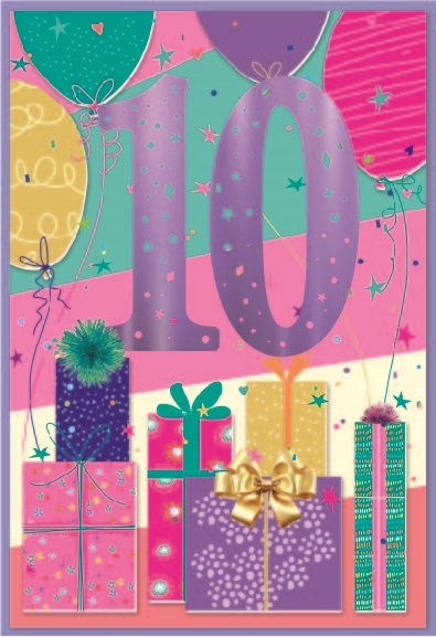 AGE 10 CARDS,Female 6`s Presents & Balloons