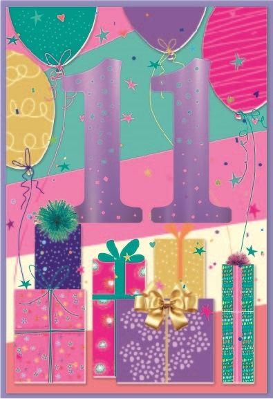 AGE 11 CARDS,Female 6`s Presents & Balloons