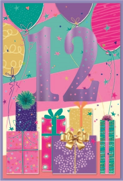 AGE 12 CARDS,Female 6`s Presents & Balloons