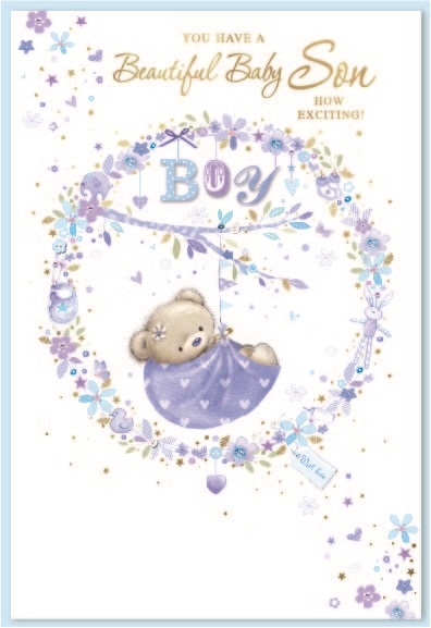 BABY BOY CONGRATS. CARDS,6`s Teddy in Blue Wreath