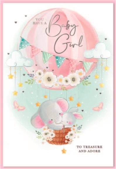 BABY GIRL CONGRATS. CARDS,6`s Elephant in Hot Air Balloon