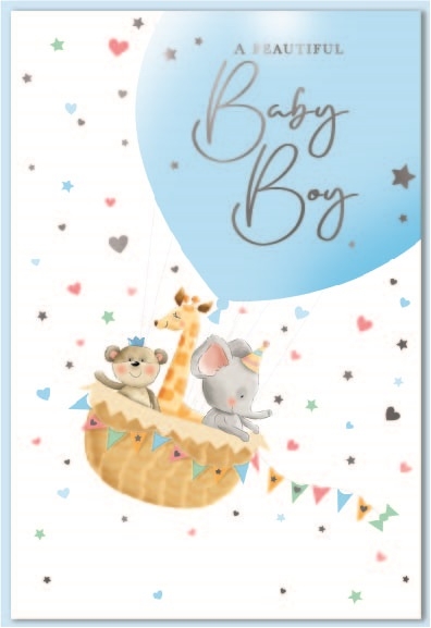 BABY BOY CONGRATS. CARDS,6`s Animals in Hot Air Balloon