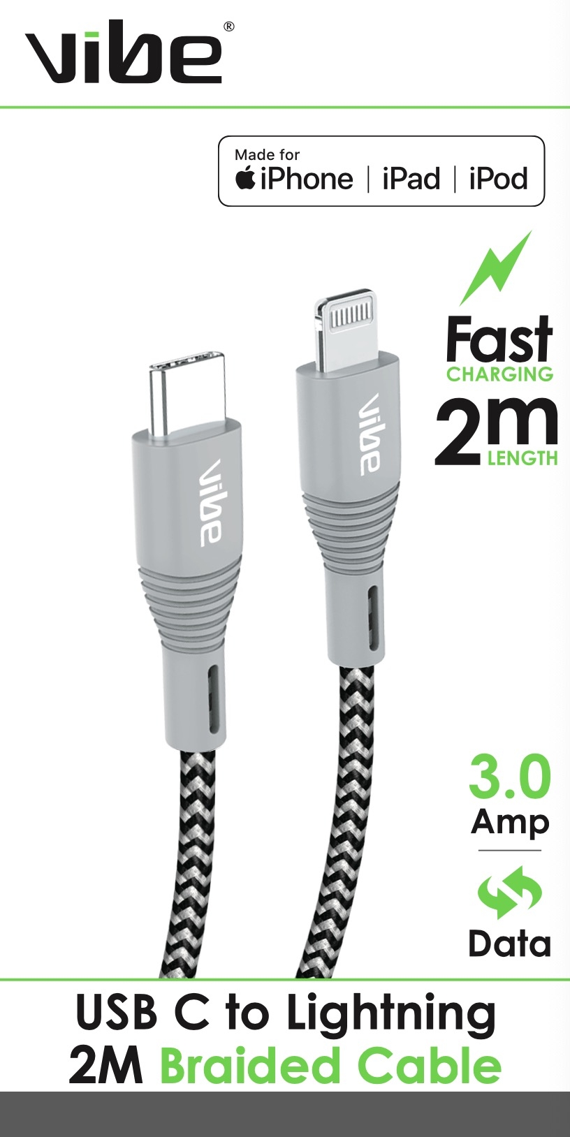 CHARGING & DATA CABLE USB C to Lightning Braided 2m Bxd