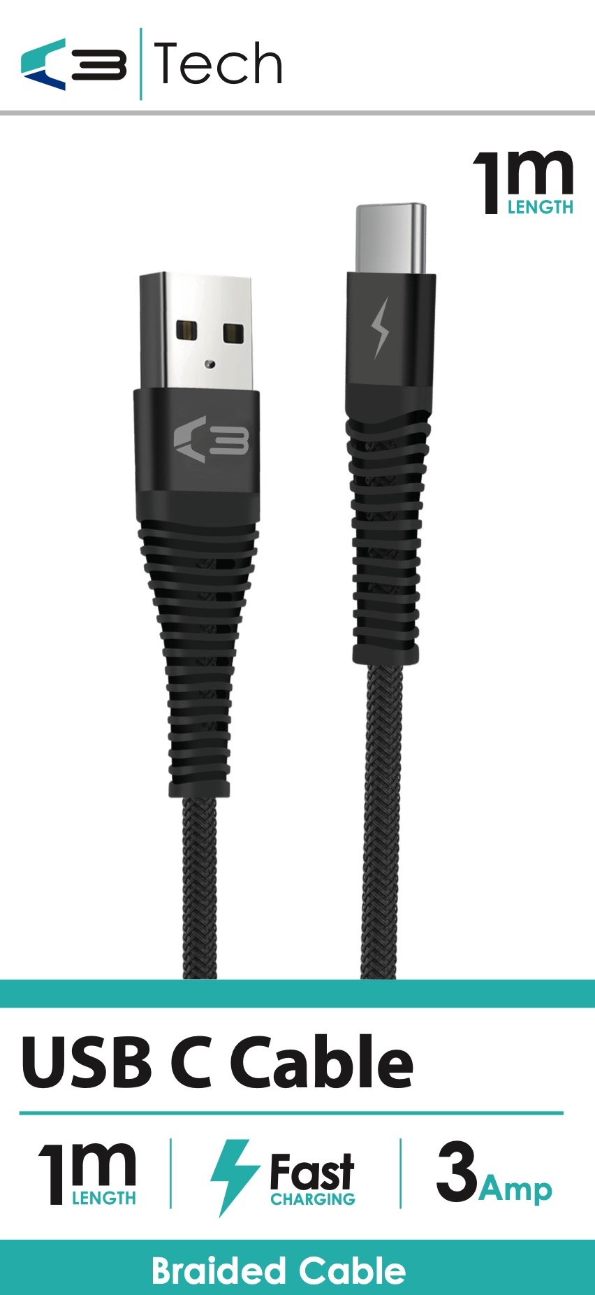 CHARGING & DATA CABLE USB to USB C Braided 3 Amp.1m Bxd