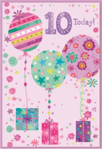 AGE 10 CARDS,Female 6`s Balloons & Presents