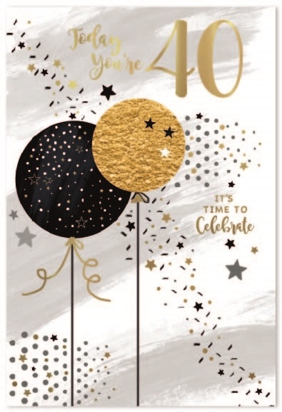 AGE 40 CARDS,Male 6`s Balloons & Confetti