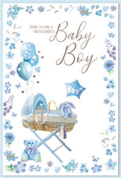 BABY BOY CONGRATS. CARDS,6`s Blue Cot, Teddies & Balloons
