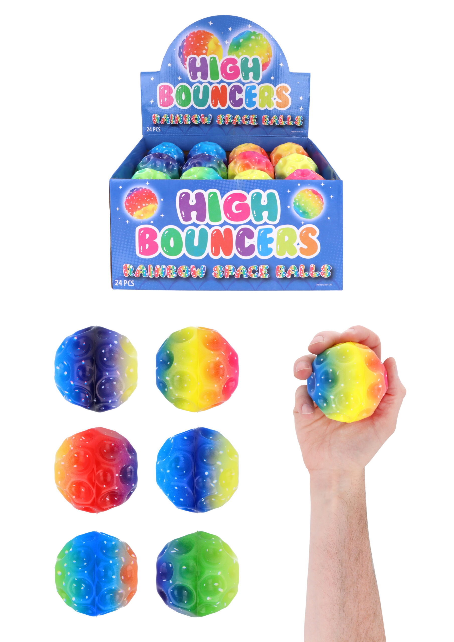 BALL, HIGH BOUNCE Rainbow Space 70mm Asst Cols CDU [Packs Only]