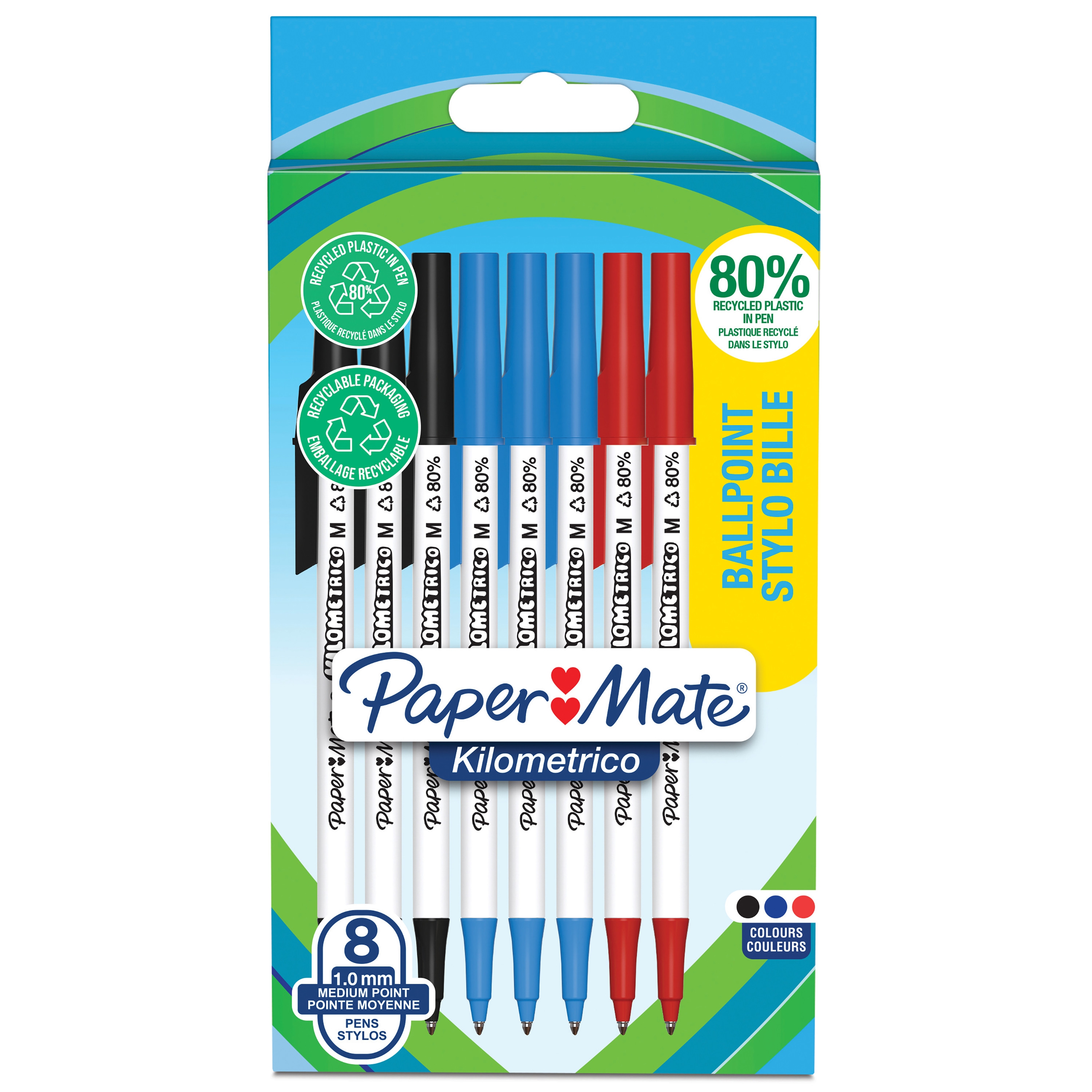 BALL PEN,Kilometric Blk,Blue, Red Asst 8`s I/cd Papermate [Splittable]