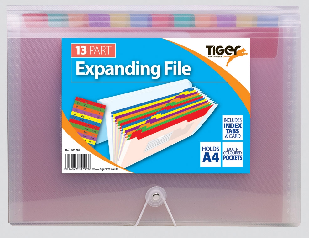 EXPANDING FILE,A4 Clear With 13 Coloured Pockets. [Splittable]