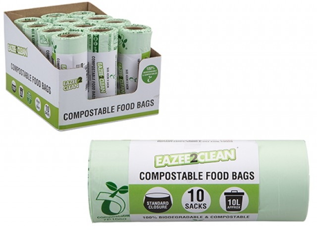 COMPOSTABLE FOOD WASTE BAGS 10 Ltr. Roll10`s 42x54cm CDU [Packs Only]