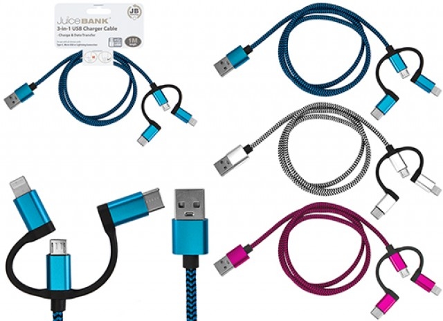 CHARGING CABLE, 1mtr 3in1 USB to Micro,Type C & Lightning. [Splittable]