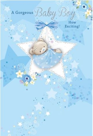 BABY BOY CONGRATS. CARDS,6`s Baby Bear In A Bundle
