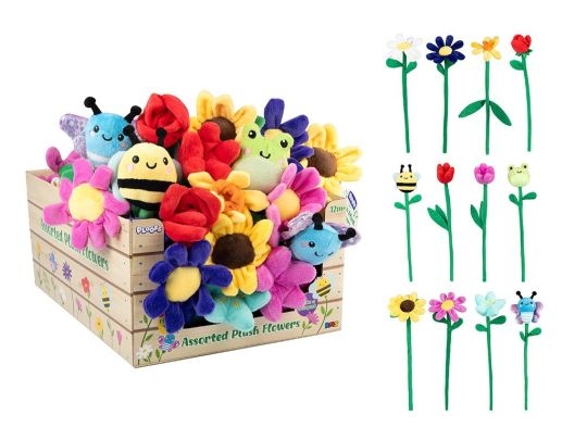PLUSH FLOWERS 30cm Wired Stems 12 Asst Designs CDU [Packs Only]