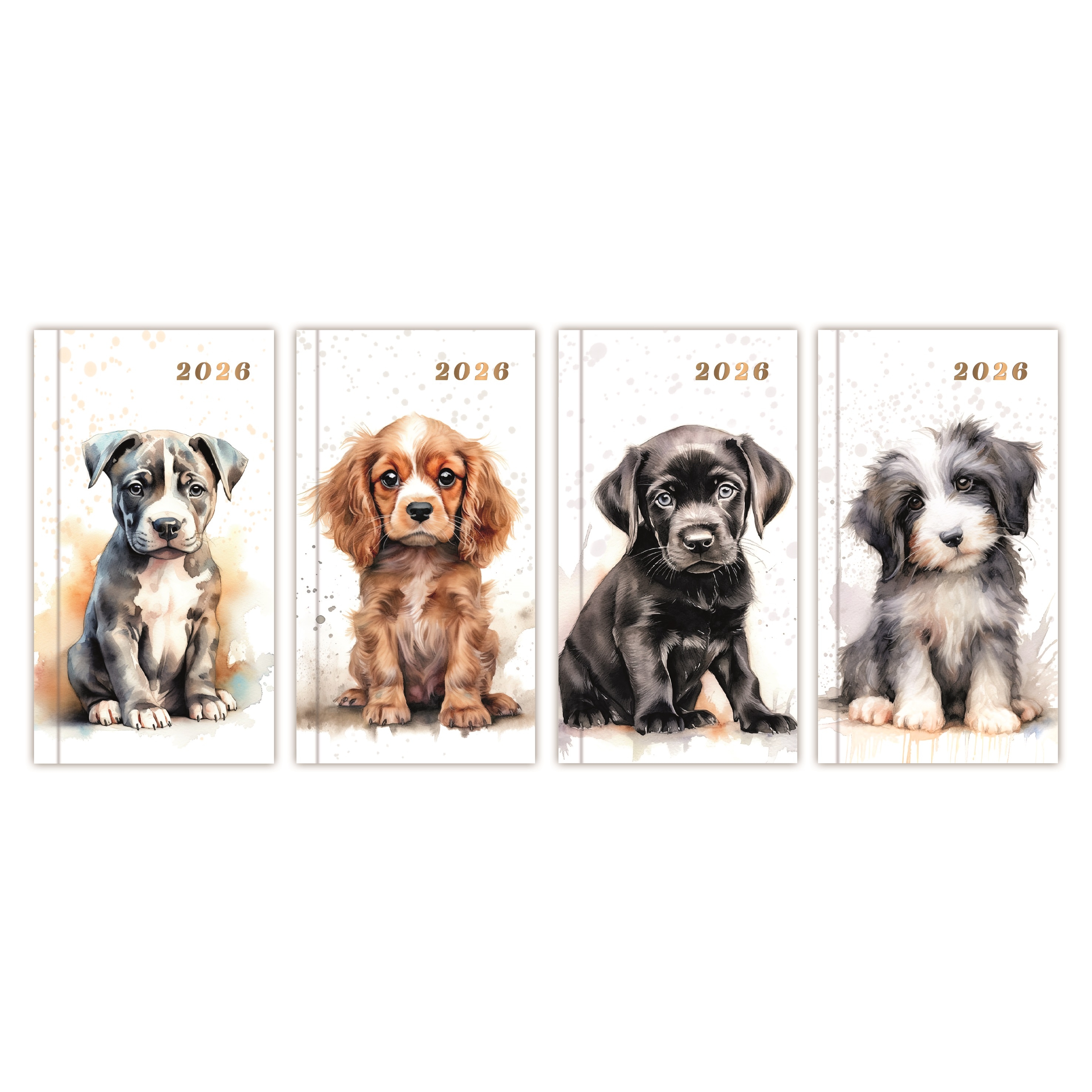 DIARY, Slim, DOGS 4 Asst. Gold Foil, Week to View 2026 [Packs Only]