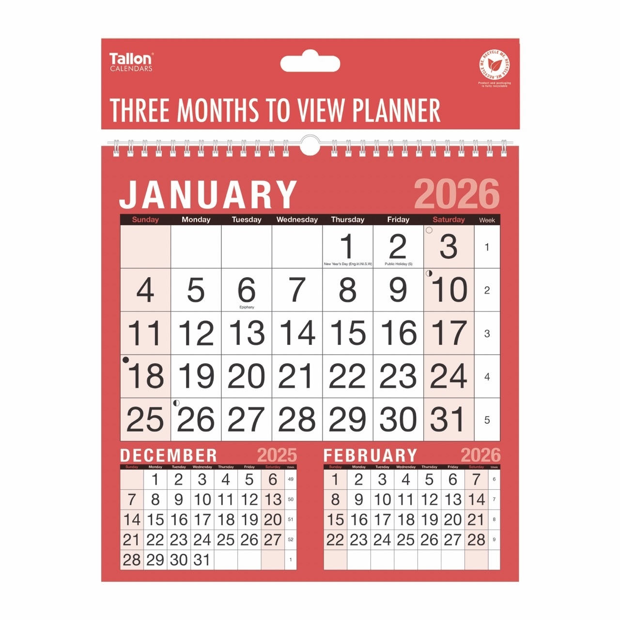CALENDAR,3 Months to View 2026 Planner,Twin Wire,H/pk [Packs Only]
