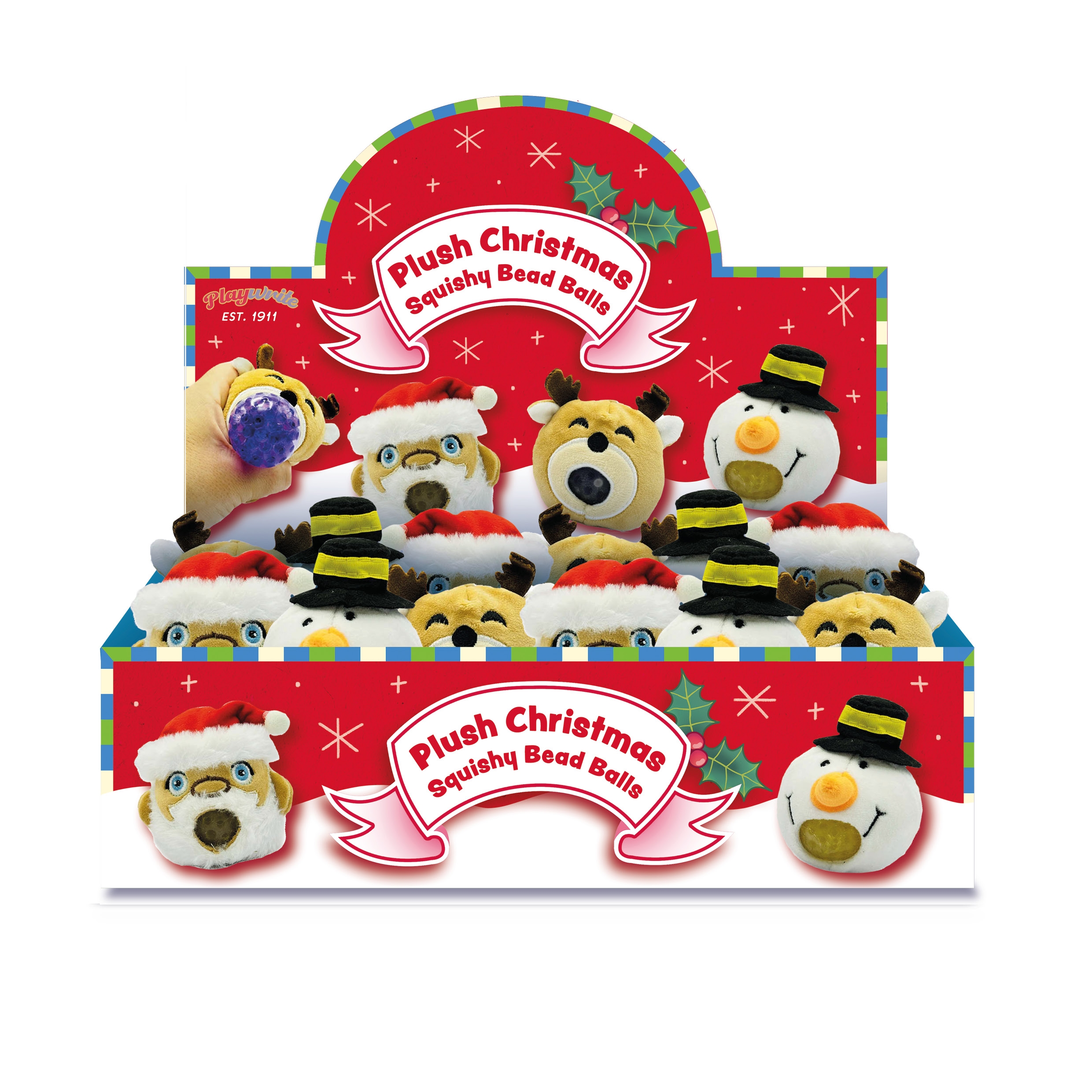 PLUSH CHRISTMAS SQUISHY BEAD BALLS, 3 Asst. CDU [Packs Only]