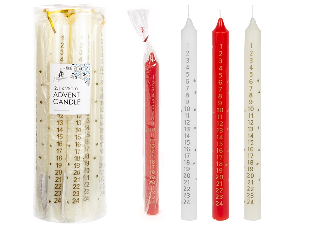 CANDLE,Pillar Advent 25cm Ivory, Red & White Asst. [Packs Only]