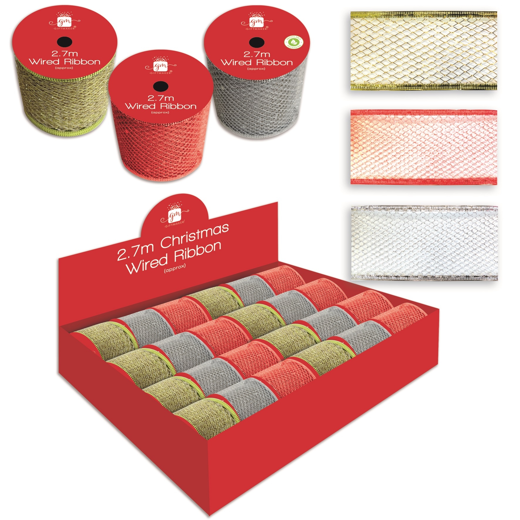 RIBBON,2.7m Wired 6.5cm Wide 3 Assorted Colours CDU [Splittable]