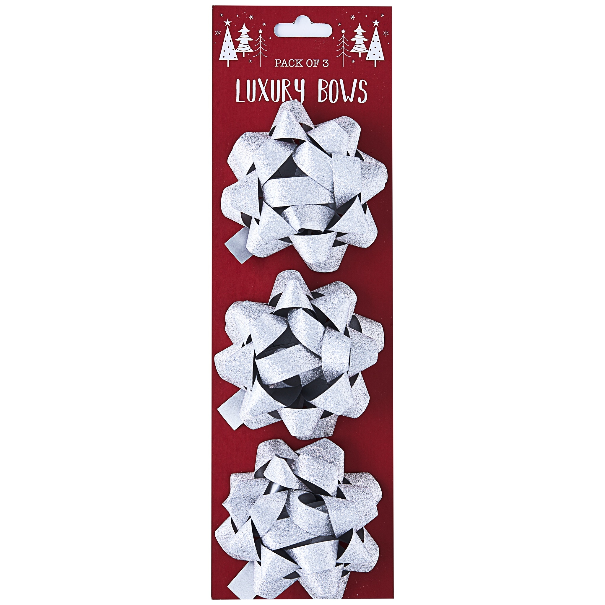 BOW,Luxury Silver Glitter 7.5cm 3`s I/cd [Packs Only]