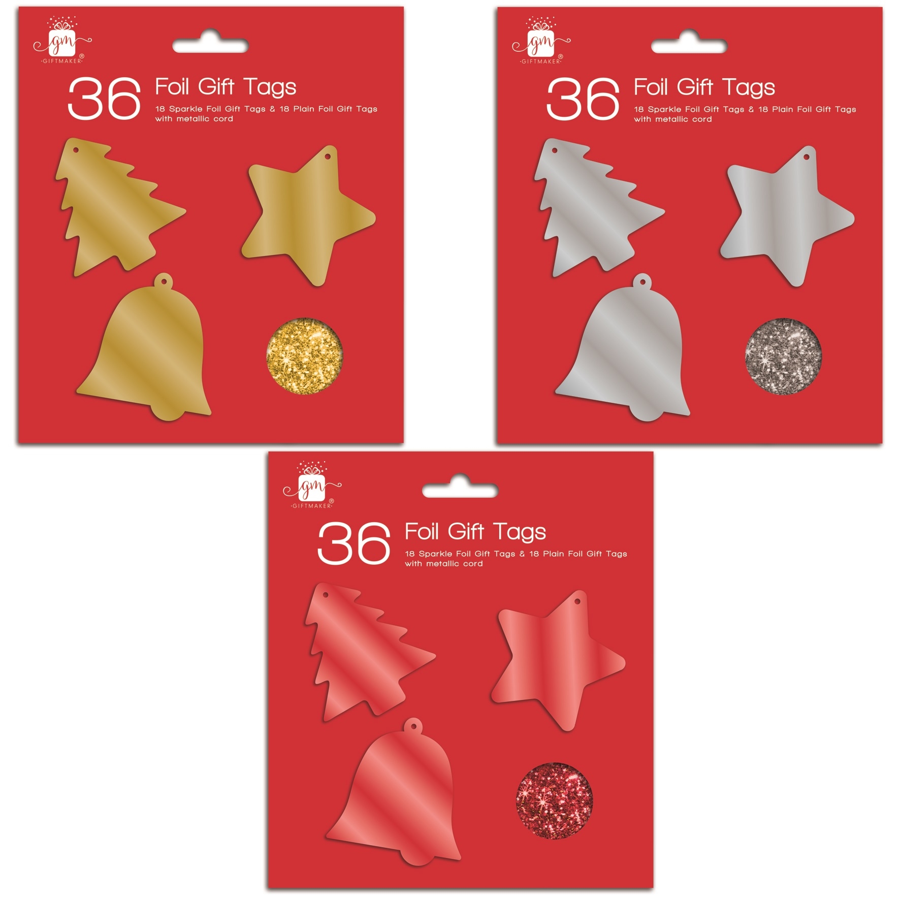 XMAS TAGS,Gold, Red & Silver Glitter & Foil 36`s [Packs Only]