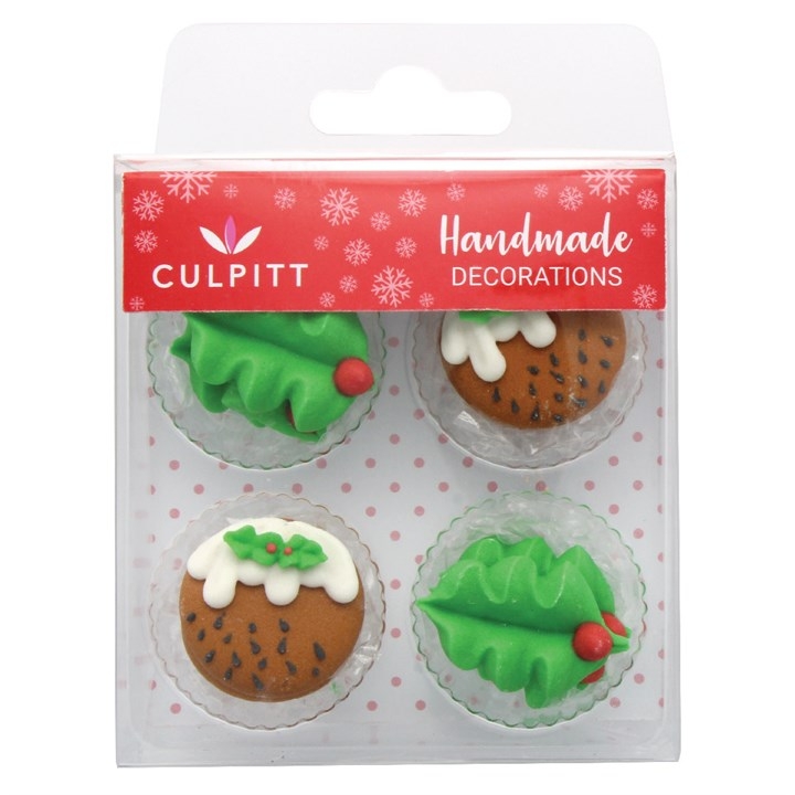 SUGAR DECORATIONS XMAS Holly & Pudding 12`s [Packs Only]
