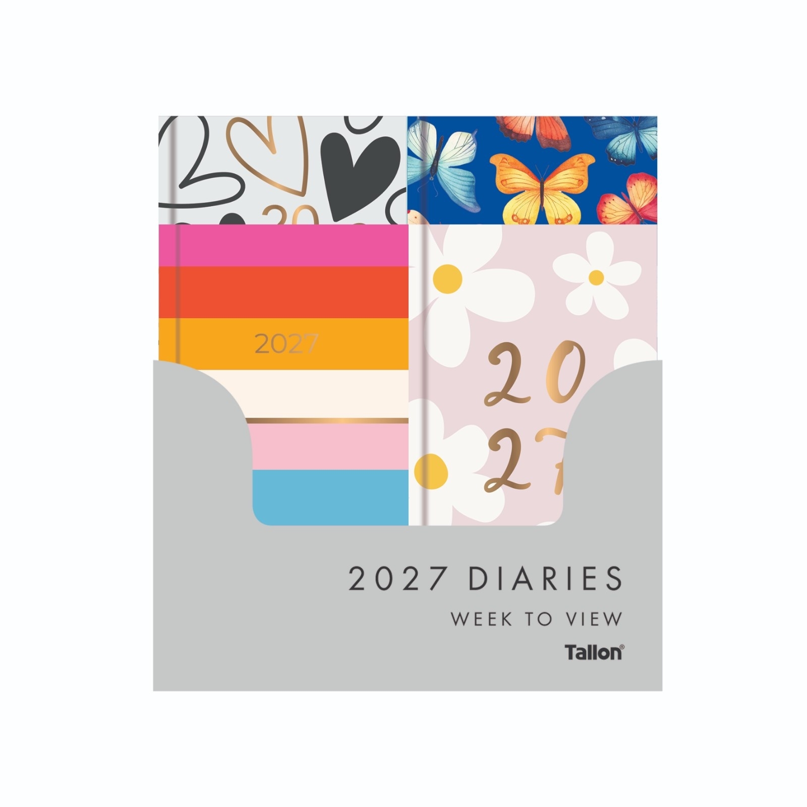 DIARY,Slim,8 Asst Designs, Silver Foil Week to View 2027 [Packs Only]