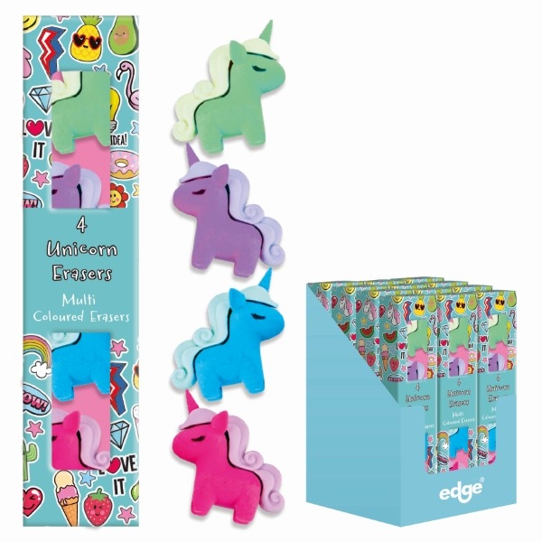 UNICORN ERASERS 4`s, Asst. Col. Boxed CDU [Packs Only]