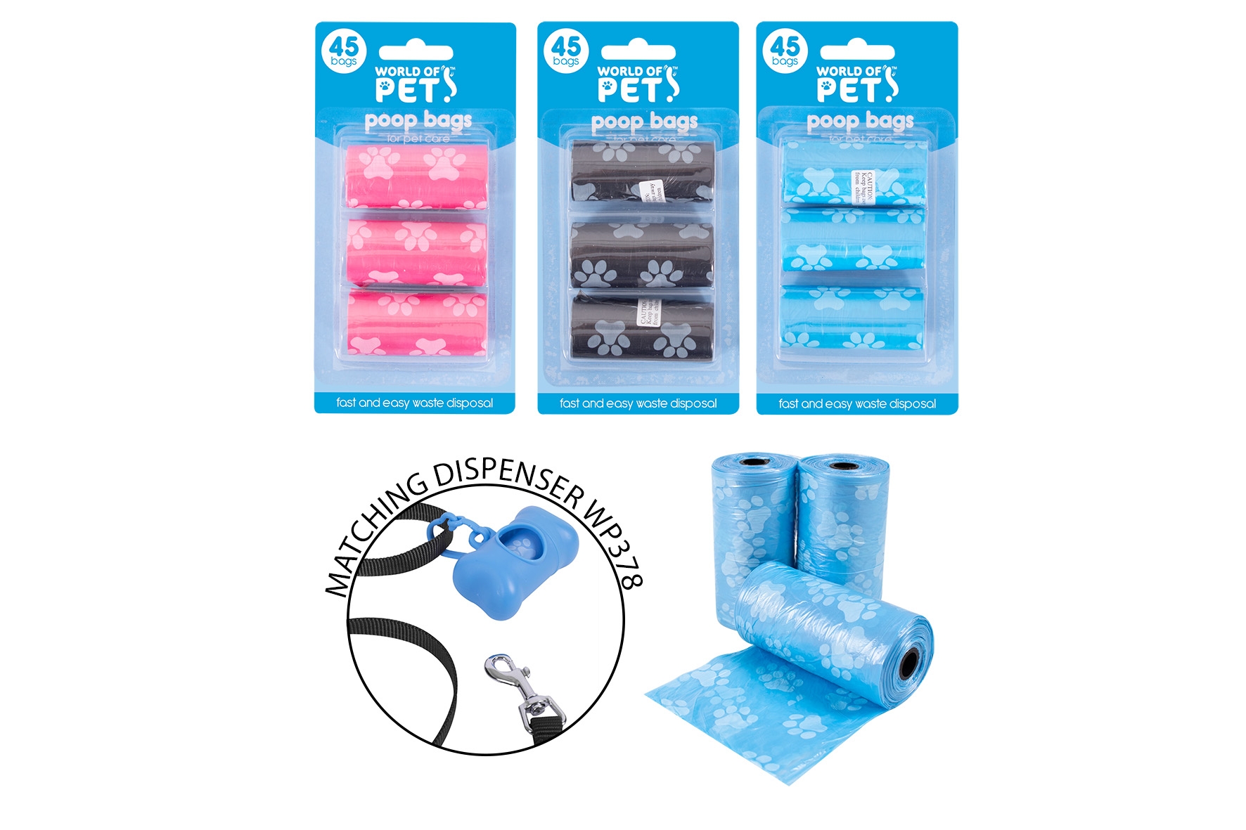 DOG POOP WASTE BAGS,3 Rolls Assorted Colours 45 Bags I/cd [Splittable]