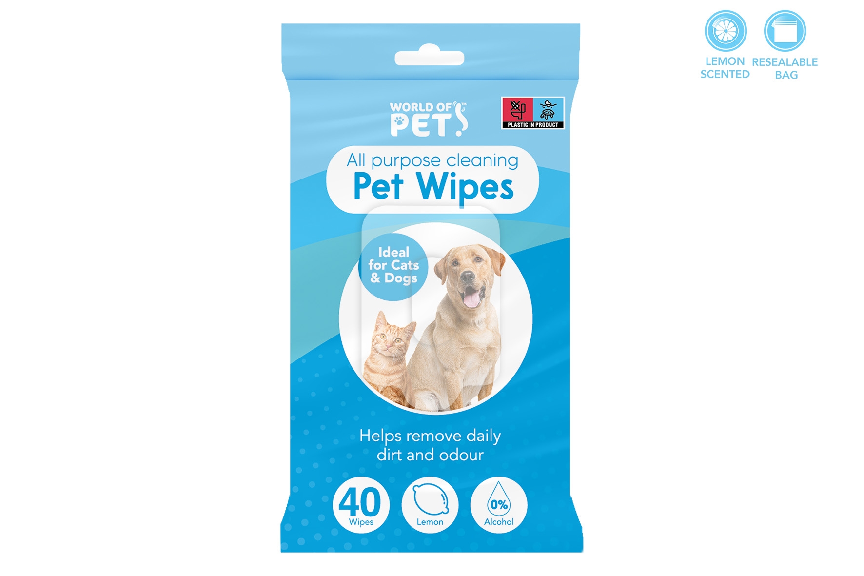 PET WIPES,Lemon Scented Resealable 40`s Alcohol Free [Packs Only]