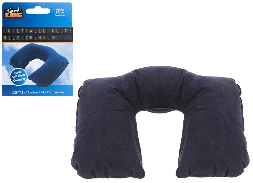 TRAVEL NECK CUSHION,Inftatable Flock Blue 44 x 28cm H/pk [Packs Only]