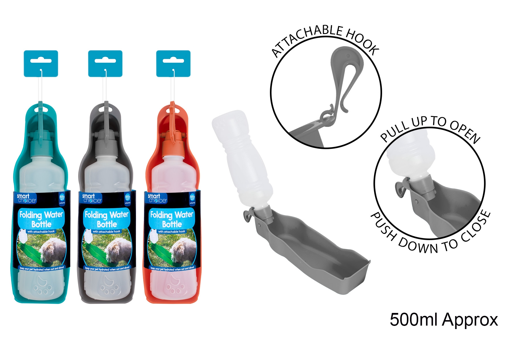 WATER BOTTLE,Folding with Attachable Hook & Drink Tray 500ml 3 Assorted [Packs Only]