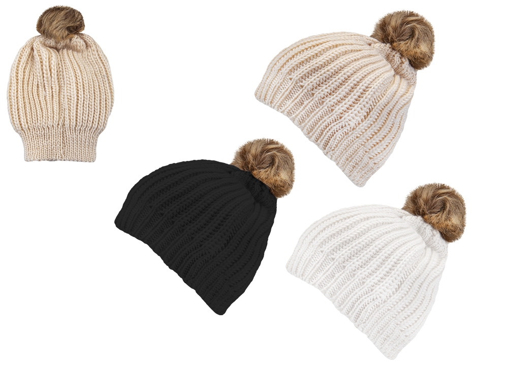 KNITED BEANIE HAT, Ladies Plain with Fur Pom Pom 3 Assorted Colours [Splittable]