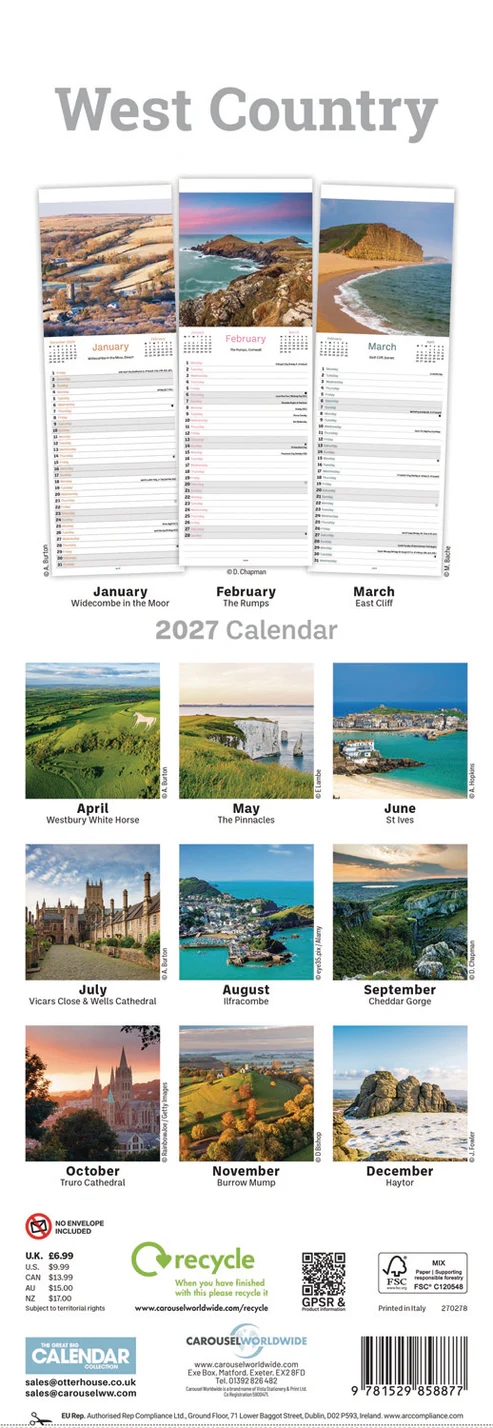 CALENDAR,Slim,West Country [Packs Only]