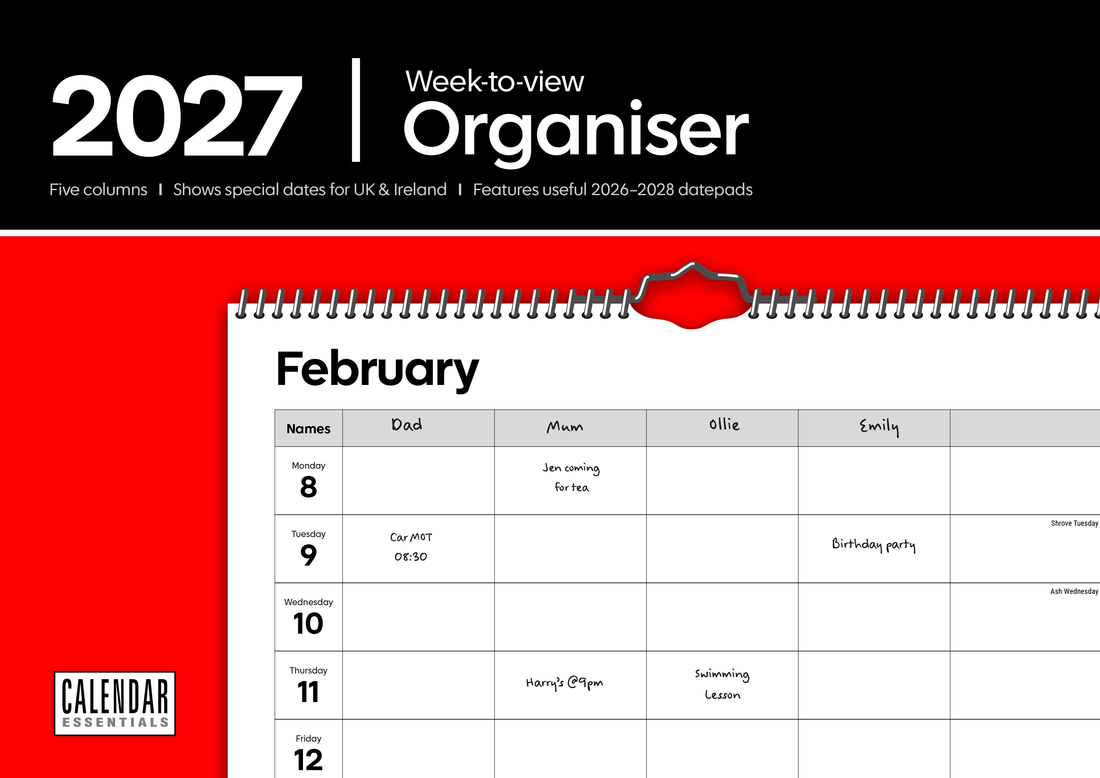 CALENDAR,A4,Organiser,Five Columns,Week to View,Spiral [Packs Only]