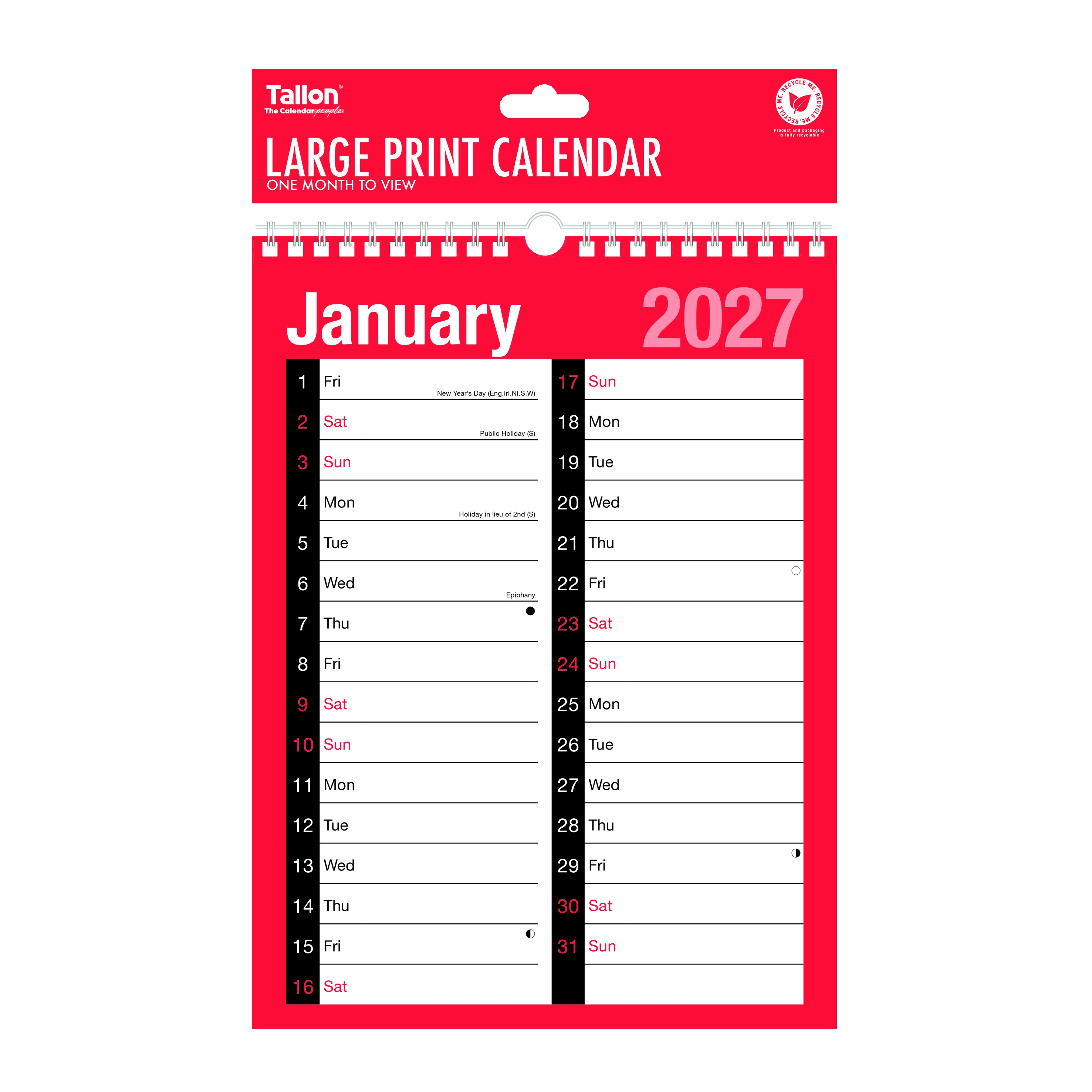 CALENDAR,A4 Engagement, Large Print, 2027 Twin Wire, [Packs Only]